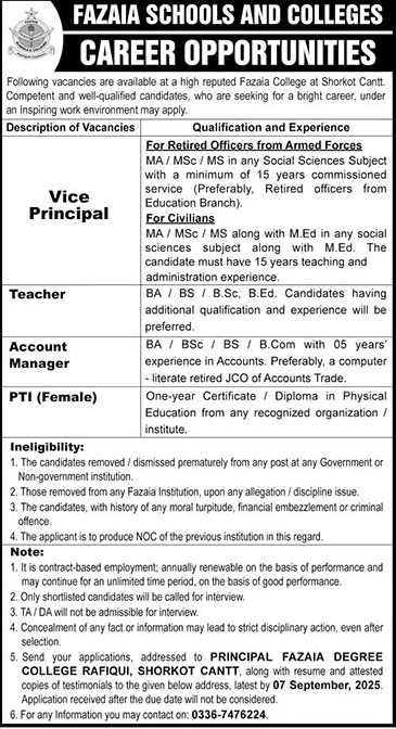 Jobs in Fazaia Schools & Colleges Shorkot